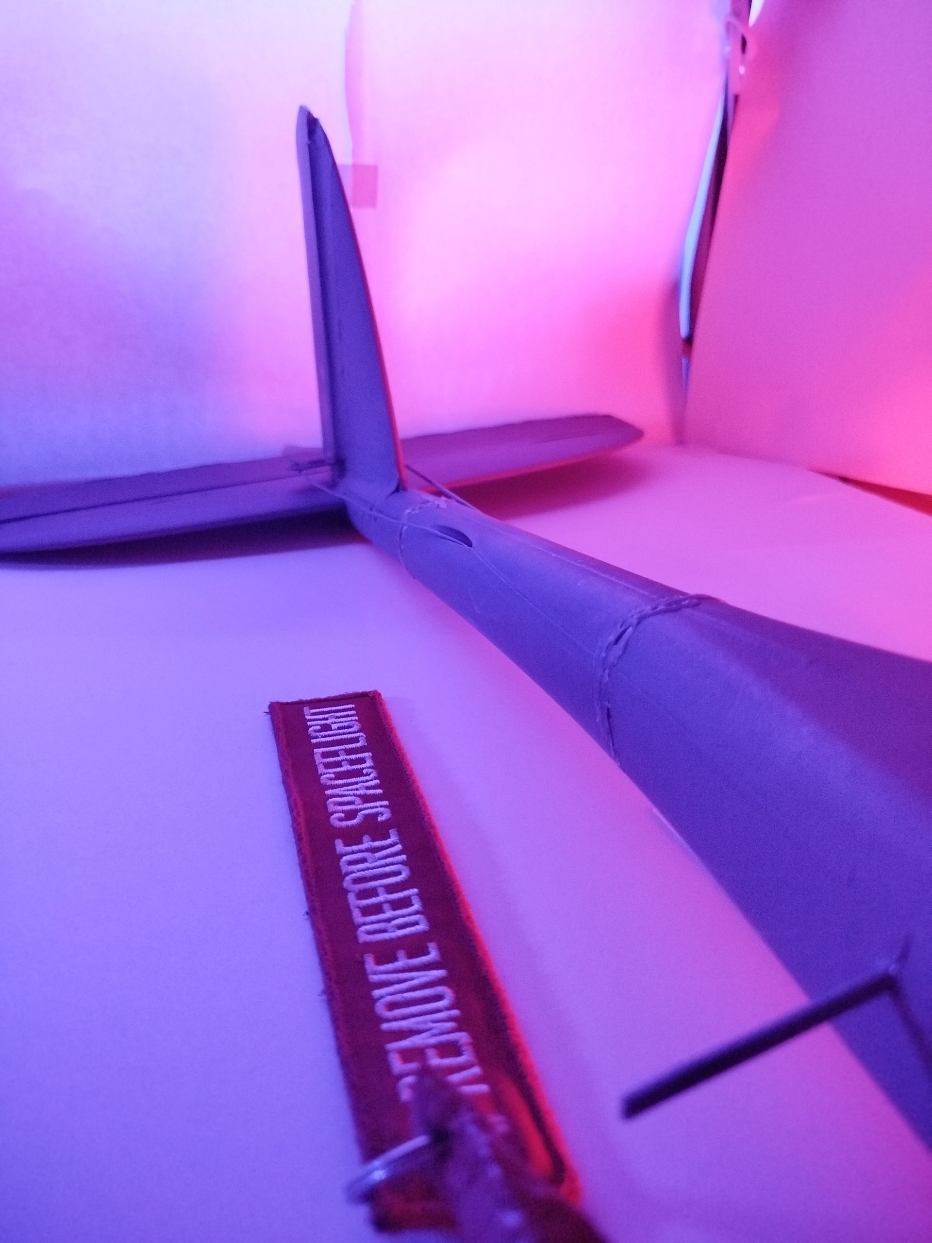 3D-printed aircraft with a REMOVE BEFORE SPACEFLIGHT tag
