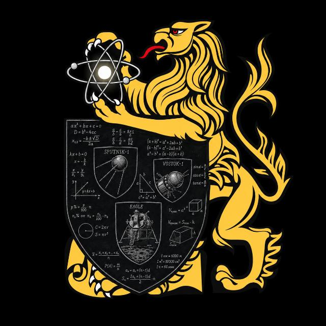 Newtonium crest: a gold lion holding an atom above a shield of equations and spacecraft diagrams